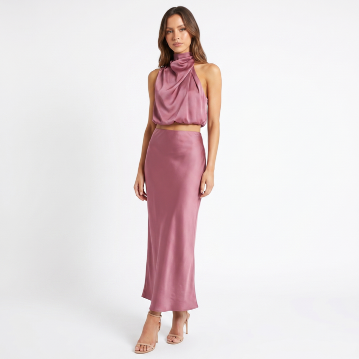 Women's Satin Two Piece Set Halter Neck Crop Top Bias Cut Maxi Skirt Formal Co-Ord