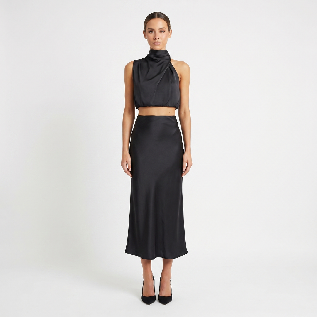 Women's Satin Two Piece Set Halter Neck Crop Top Bias Cut Maxi Skirt Formal Co-Ord