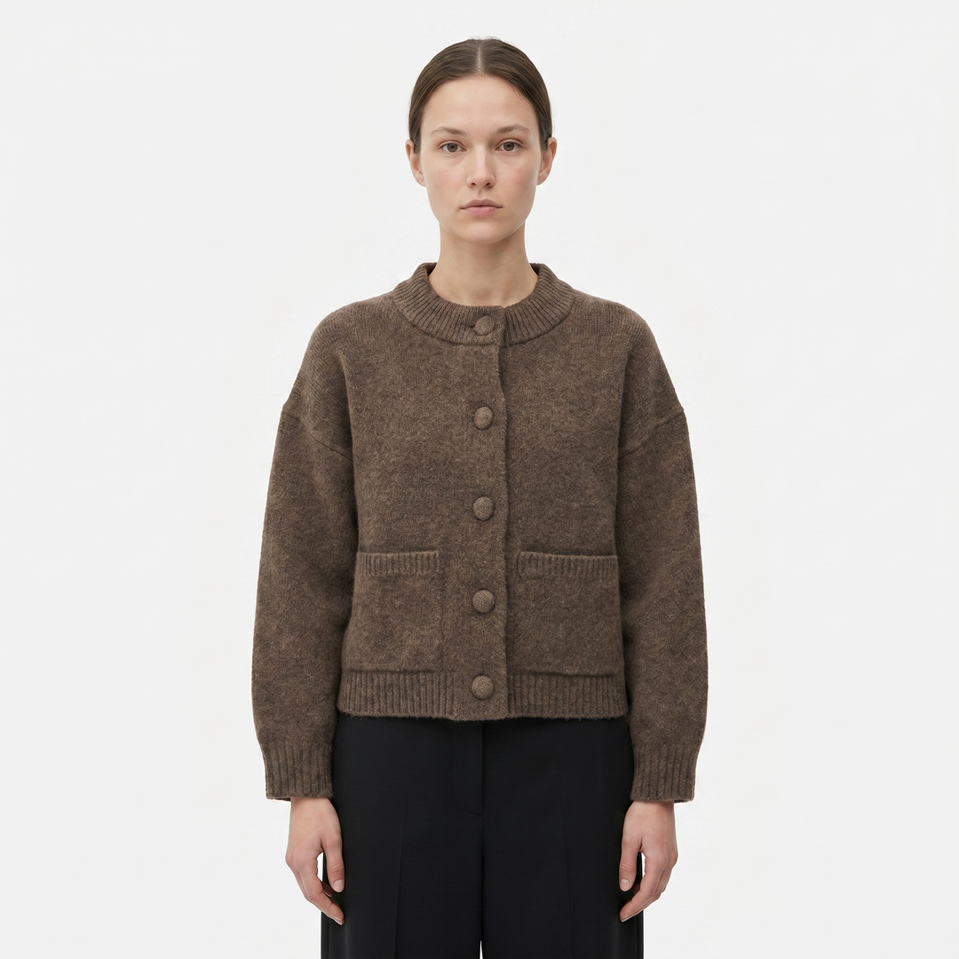Women's Cropped Knit Cardigan Button Front Patch Pocket Boxy Wool Blend Sweater