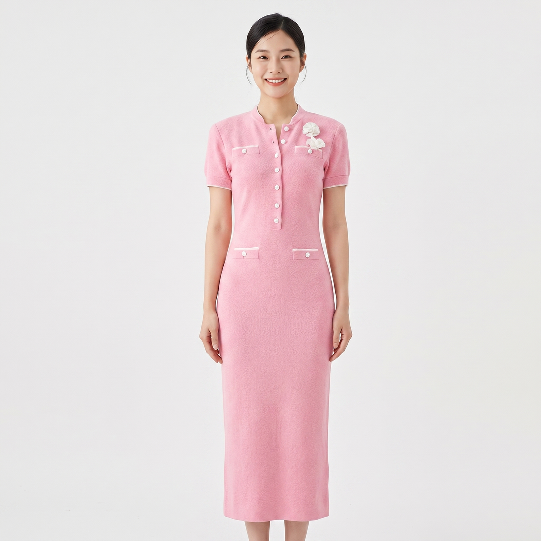 Women's Knit Button Front Midi Dress Short Sleeve Contrast Trim Floral Corsage Elegant