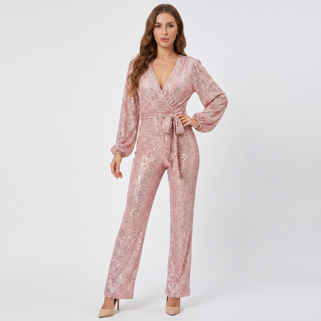 Women's Sequin Jumpsuit Long Sleeve V Neck Belted Wide Leg Formal Party Evening
