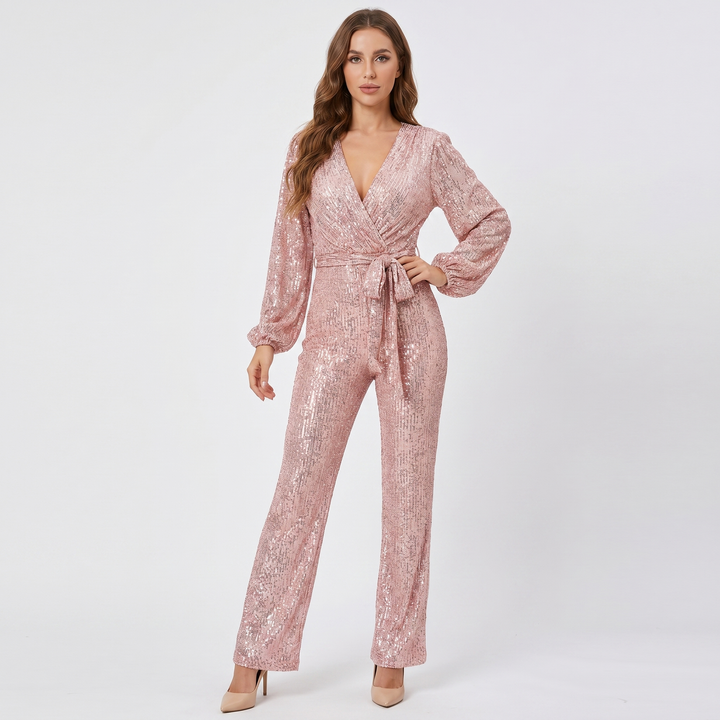 Women's Sequin Jumpsuit Long Sleeve V Neck Belted Wide Leg Formal Party Evening