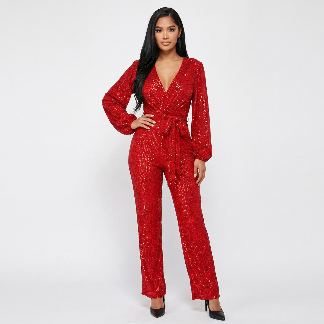 Women's Sequin Jumpsuit Long Sleeve V Neck Belted Wide Leg Formal Party Evening