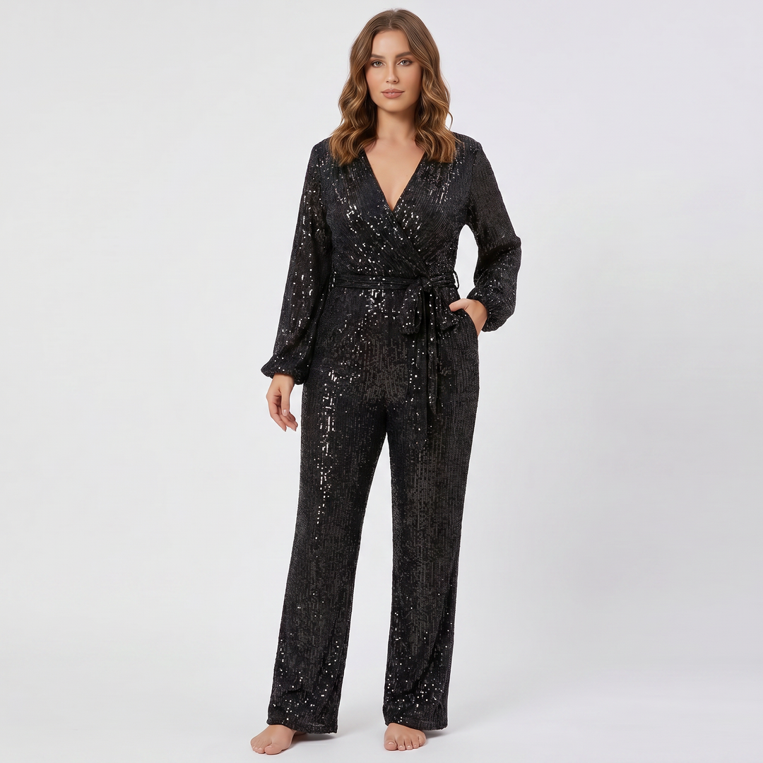 Women's Sequin Jumpsuit Long Sleeve V Neck Belted Wide Leg Formal Party Evening