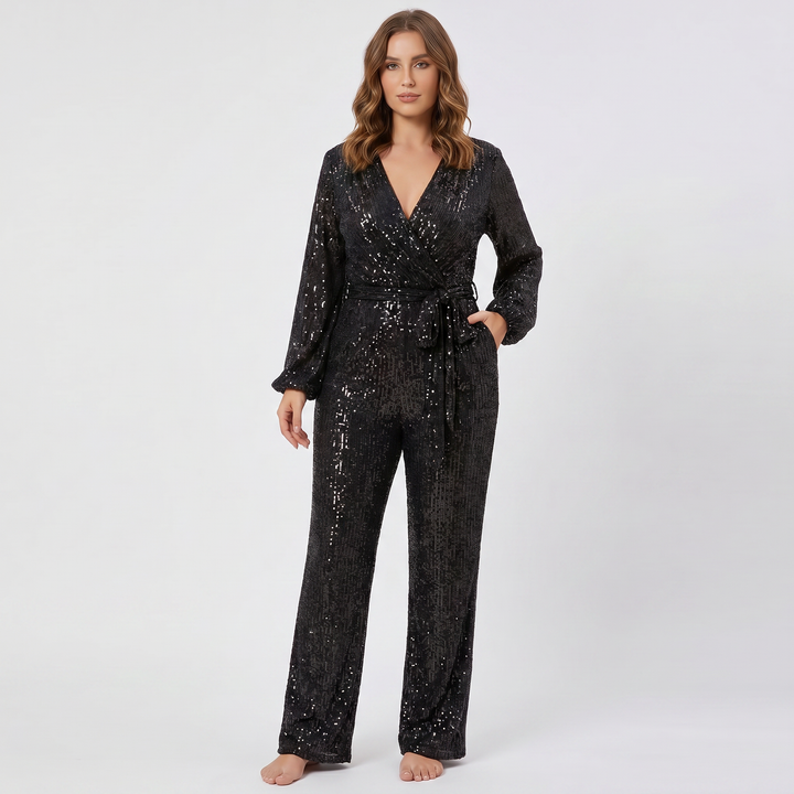 Women's Sequin Jumpsuit Long Sleeve V Neck Belted Wide Leg Formal Party Evening