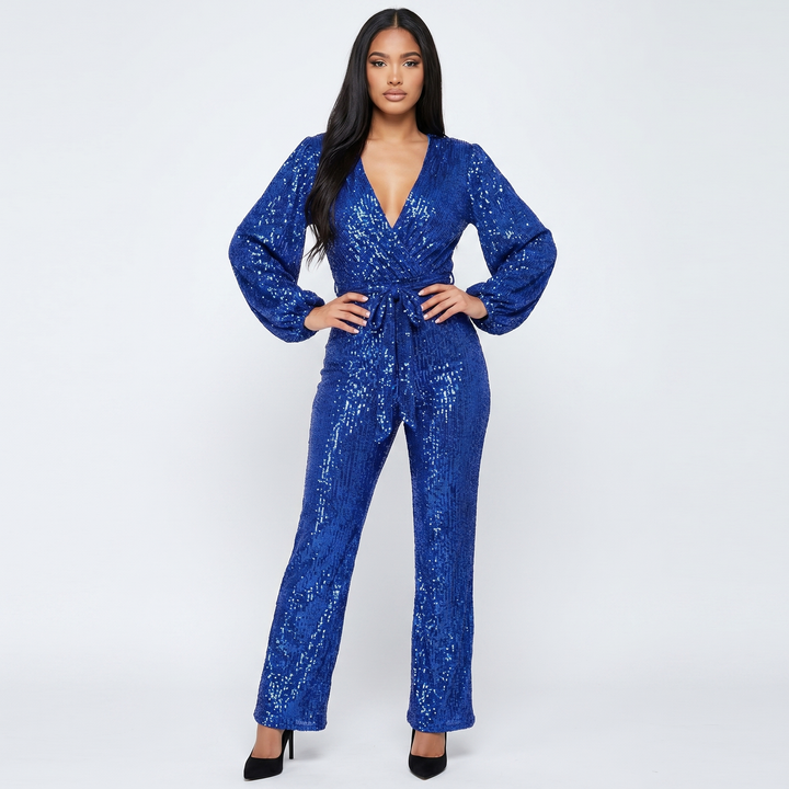 Women's Sequin Jumpsuit Long Sleeve V Neck Belted Wide Leg Formal Party Evening