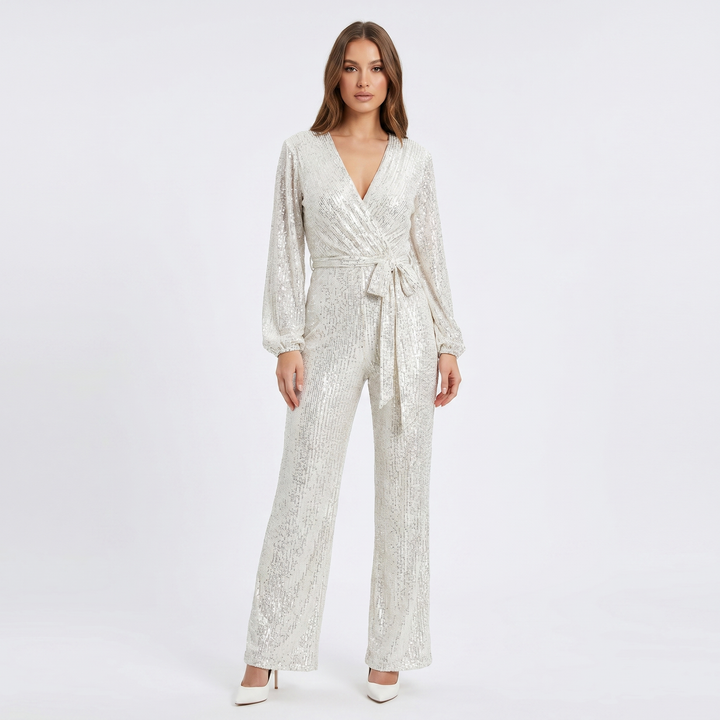 Women's Sequin Jumpsuit Long Sleeve V Neck Belted Wide Leg Formal Party Evening