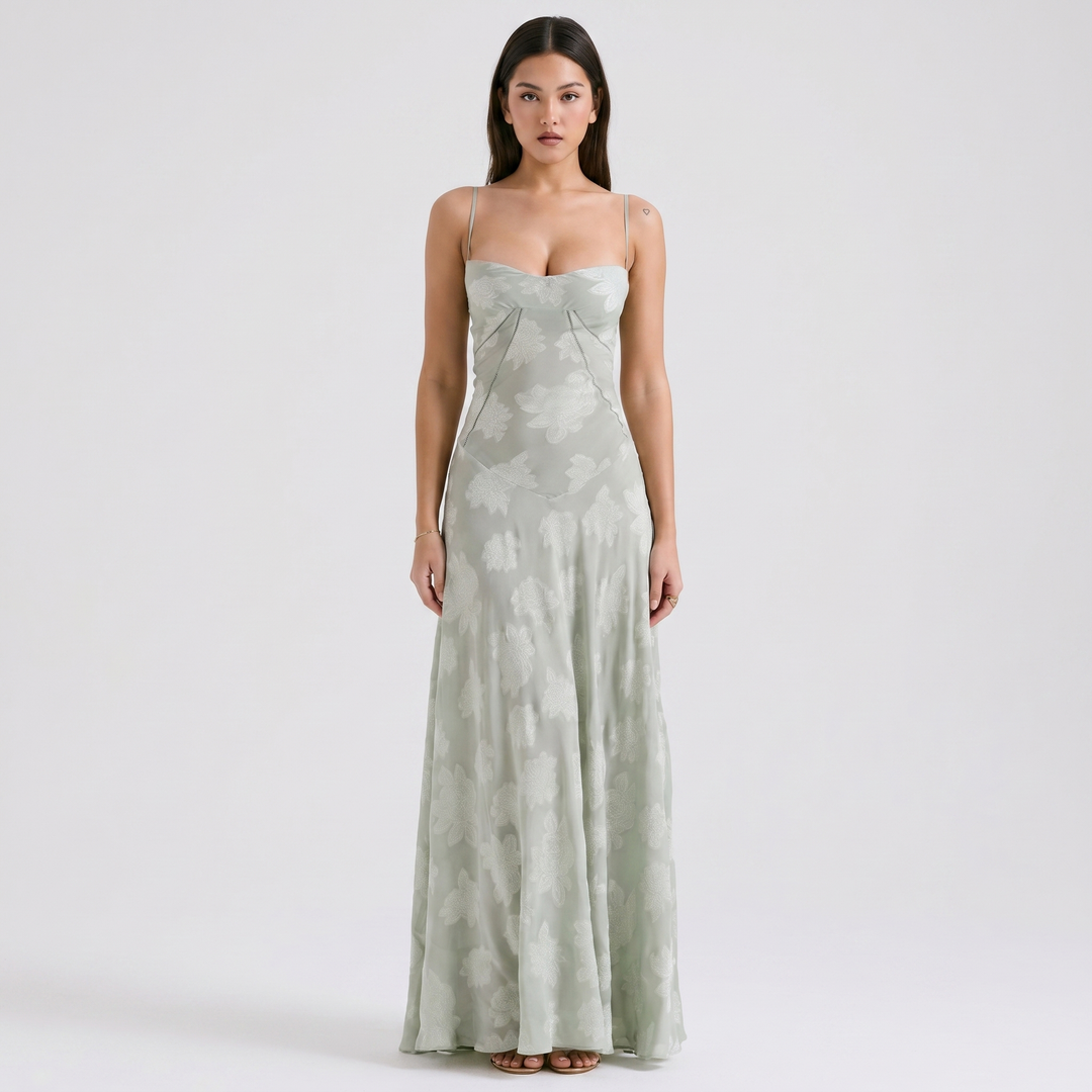 Women's Spaghetti Strap Corset Panel Maxi Dress A-Line Satin Formal Wedding Guest Gown