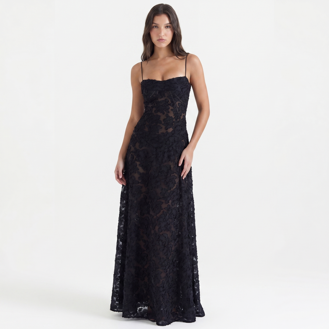 Women's Spaghetti Strap Corset Panel Maxi Dress A-Line Satin Formal Wedding Guest Gown
