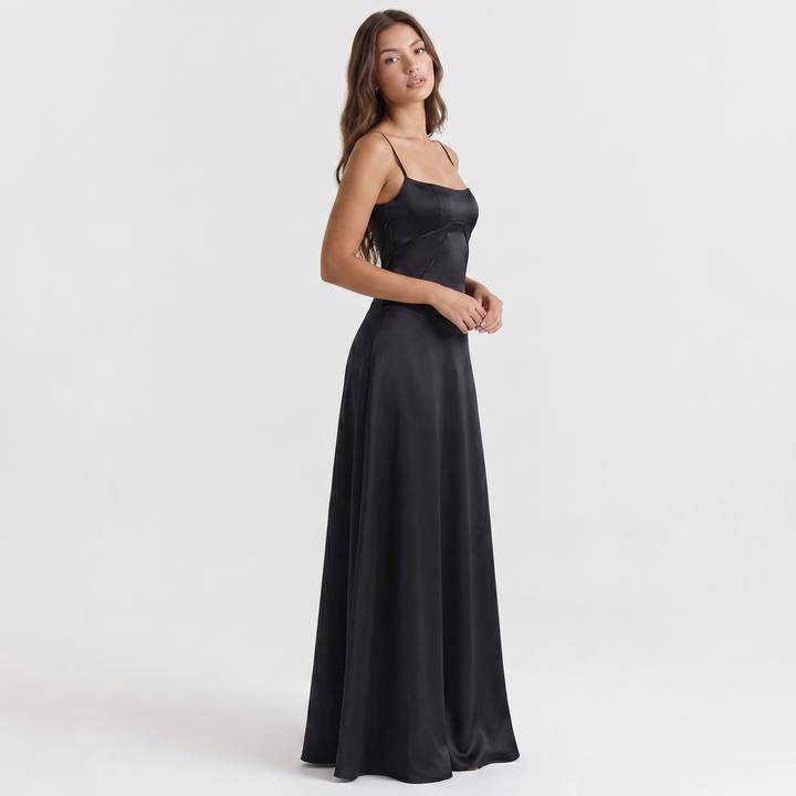 Women's Spaghetti Strap Corset Panel Maxi Dress A-Line Satin Formal Wedding Guest Gown