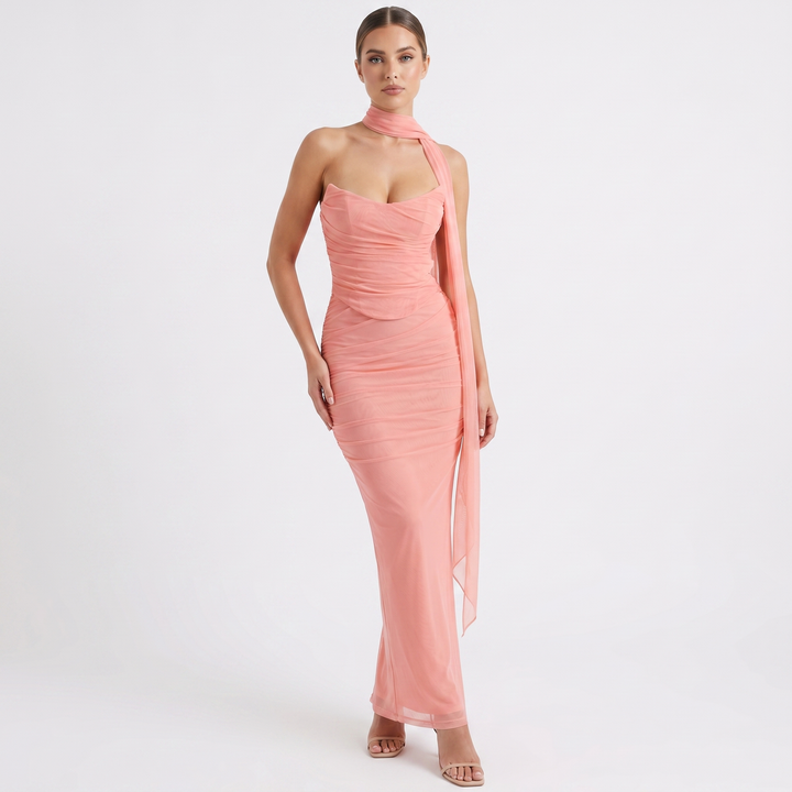 Women's Mesh Ruched Bodycon Maxi Dress Scarf Neck Sweetheart Formal Evening Gown