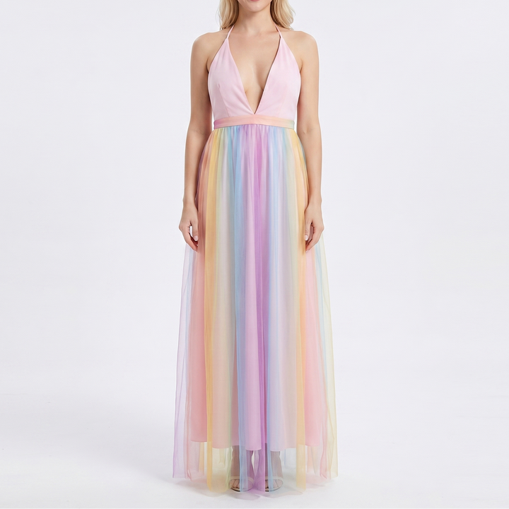 Women's Tulle Maxi Dress Deep V Neck Halter Pleated Skirt Formal