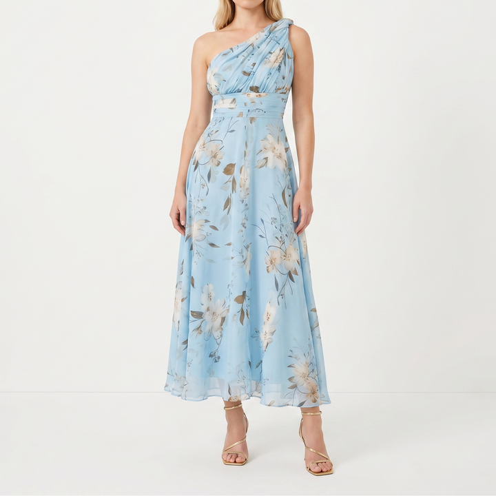 Women's Floral Chiffon One-Shoulder Midi Dress Ruched A-Line