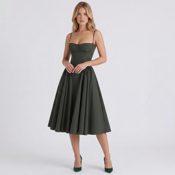 Women's Bustier Corset Midi Dress Spaghetti Strap Full Skirt A-Line Cocktail Party