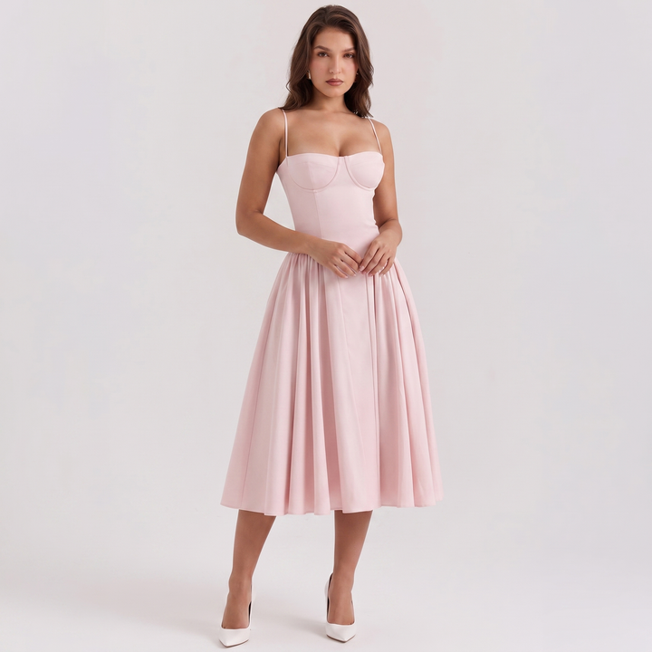 Women's Bustier Corset Midi Dress Spaghetti Strap Full Skirt A-Line Cocktail Party