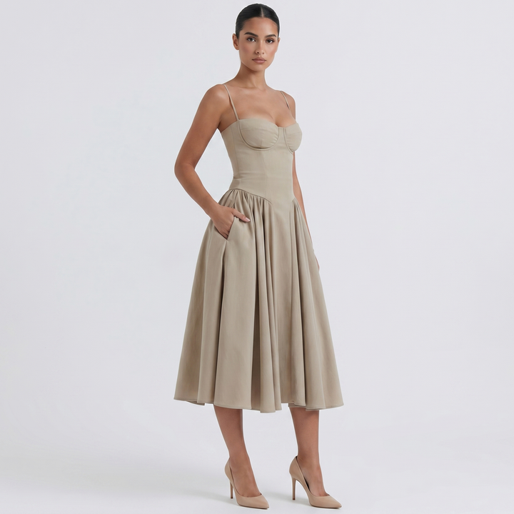Women's Bustier Corset Midi Dress Spaghetti Strap Full Skirt A-Line Cocktail Party