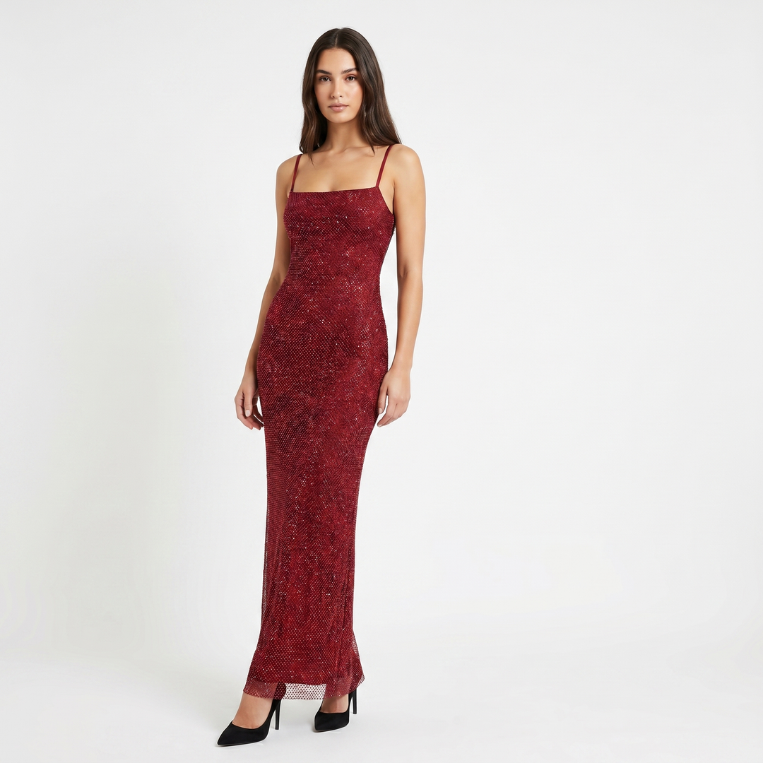 Women's Sequin Fishnet Mesh Maxi Dress Square Neck Sleeveless Bodycon Party Evening