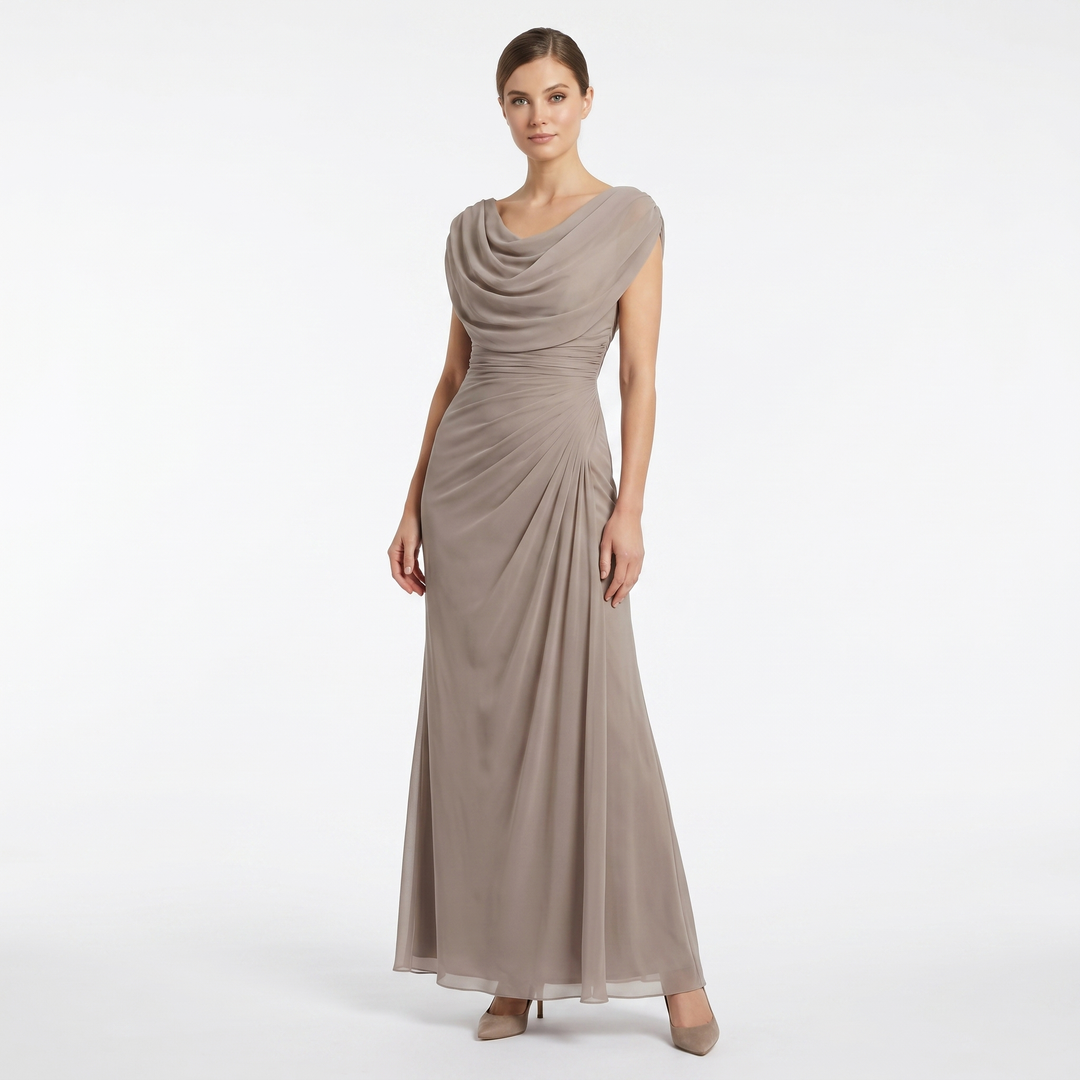 Women's Cowl Neck Ruched Chiffon Maxi Dress Cap Sleeve Draped Formal Evening Gown