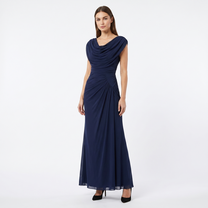 Women's Cowl Neck Ruched Chiffon Maxi Dress Cap Sleeve Draped Formal Evening Gown