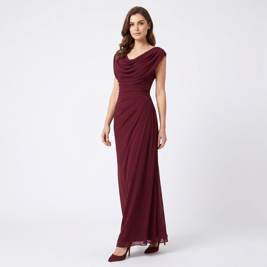 Women's Cowl Neck Ruched Chiffon Maxi Dress Cap Sleeve Draped Formal Evening Gown