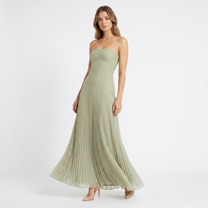 Women's Strapless Pleated Maxi Dress Accordion Pleat A-Line Formal Bridesmaid Gown