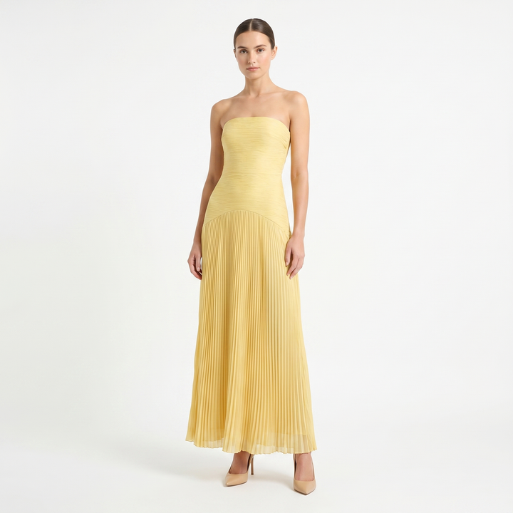 Women's Strapless Pleated Maxi Dress Accordion Pleat A-Line Formal Bridesmaid Gown