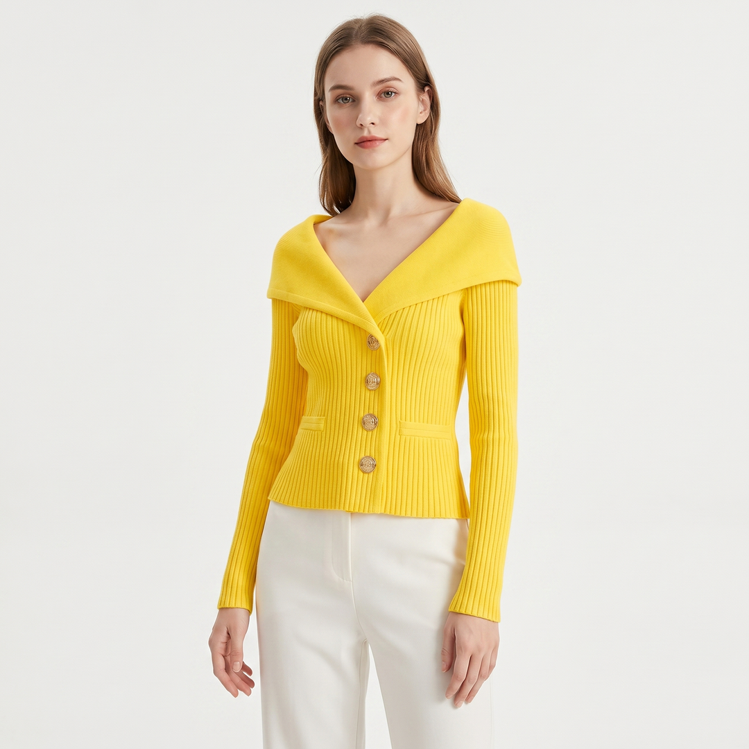 Women's Wide Lapel Bardot Ribbed Knit Cardigan Gold Button Fitted Sweater Jacket