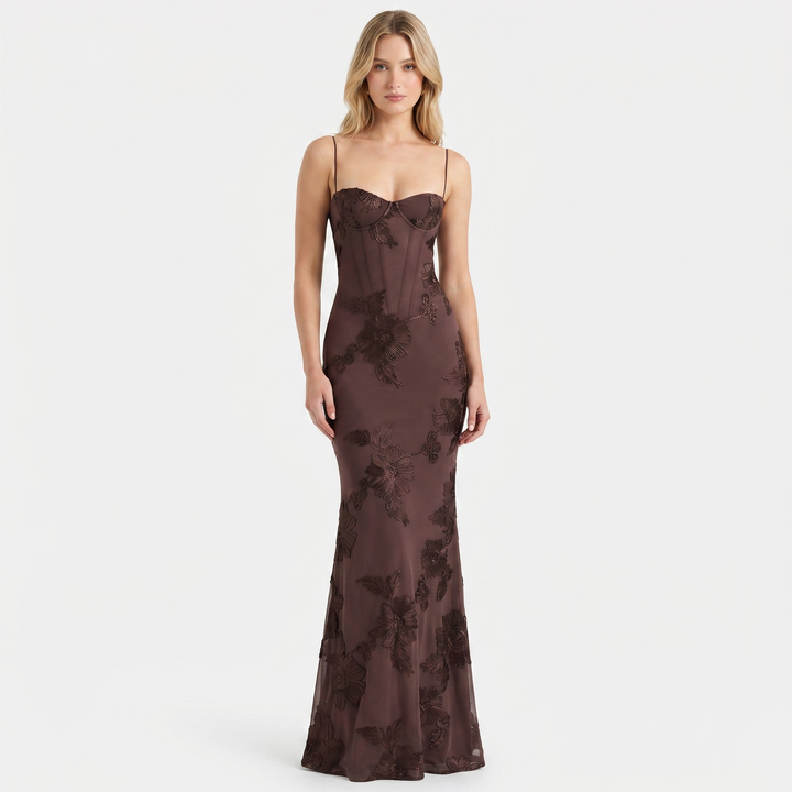Women's Floral Lace Applique Corset Maxi Dress Spaghetti Strap Mermaid Formal Gown