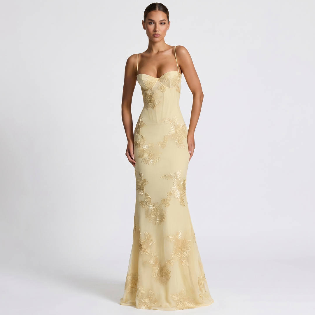Women's Floral Lace Applique Corset Maxi Dress Spaghetti Strap Mermaid Formal Gown