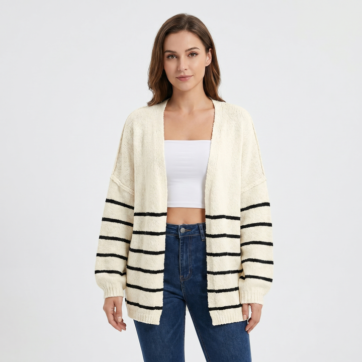 Women's Striped Open Front Cardigan Oversized Balloon Sleeve Soft Knit Casual Sweater