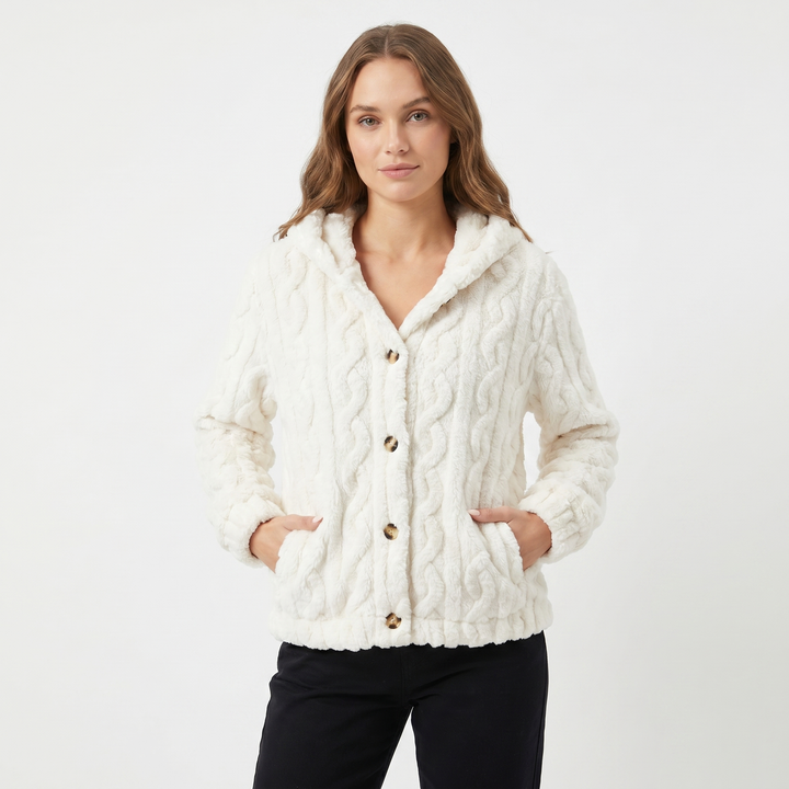 Women's Fluffy Fleece Cable Texture Hooded Cardigan Button Front Cosy Winter Jacket