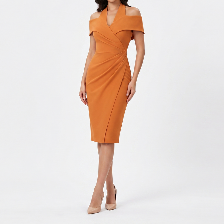 Women's Off Shoulder Wrap Midi Dress Halter Neck Ruched Bodycon