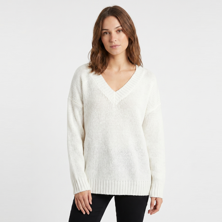 Women's V Neck Oversized Knit Sweater Longline Relaxed Fit Soft Wool Blend Pullover