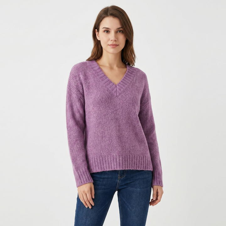 Women's V Neck Oversized Knit Sweater Longline Relaxed Fit Soft Wool Blend Pullover
