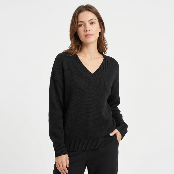 Women's V Neck Oversized Knit Sweater Longline Relaxed Fit Soft Wool Blend Pullover