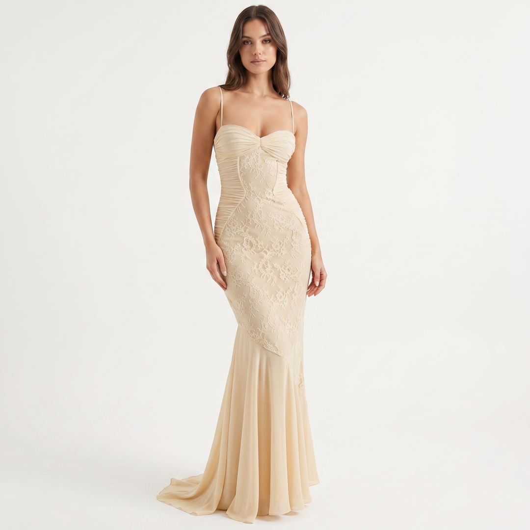 Women's Lace Panel Ruched Mermaid Maxi Gown Spaghetti Strap Sweetheart Formal Dress
