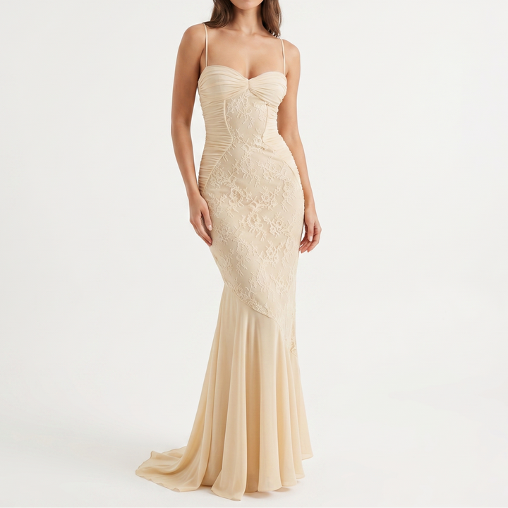 Women's Lace Panel Ruched Mermaid Maxi Gown Spaghetti Strap Sweetheart