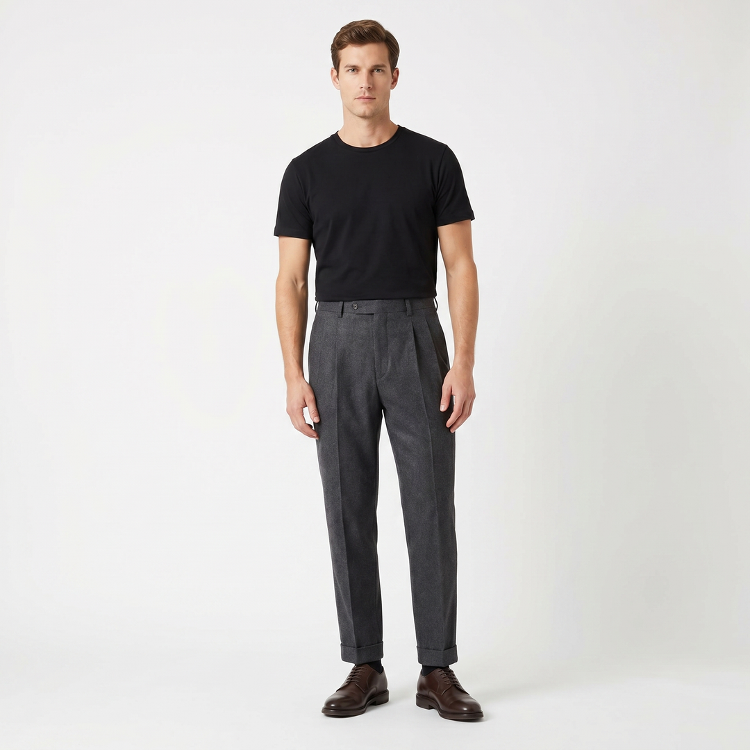 Men's Pleated Wool Blend Trousers Tapered Leg Cuffed Hem Smart Casual Dress Pants