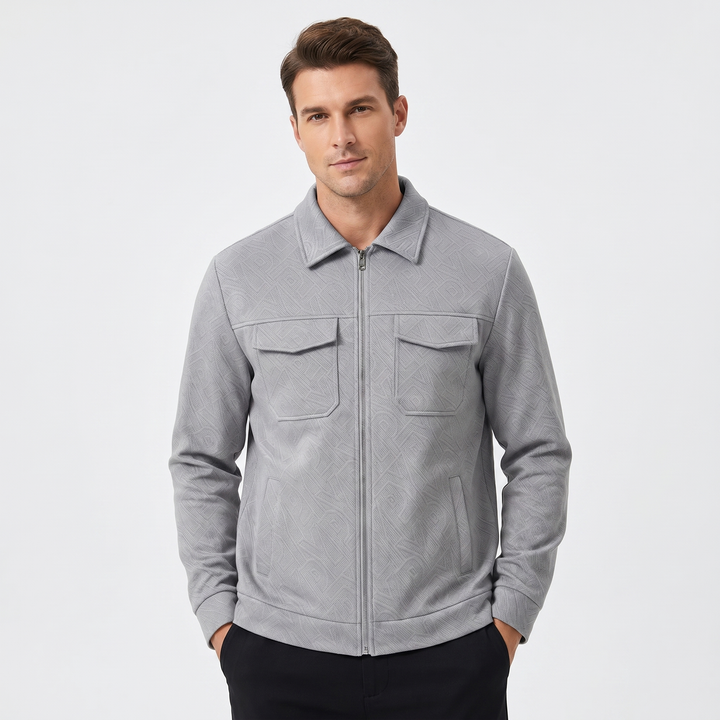 Men's Zip-Up Textured Jacket Spread Collar Chest Pocket Casual Outerwear