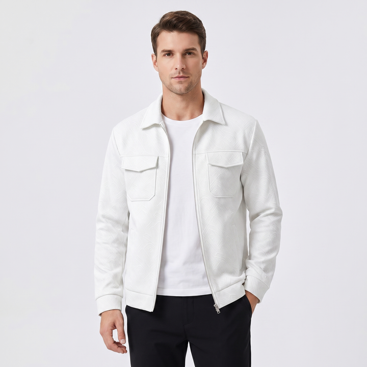 Men's Zip-Up Textured Jacket Spread Collar Chest Pocket Casual Outerwear
