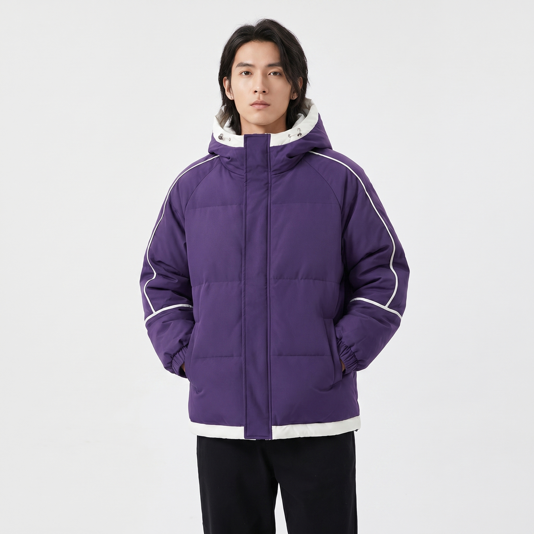 Men's Hooded Puffer Jacket Contrast Trim Quilted Winter Coat Oversized Fit