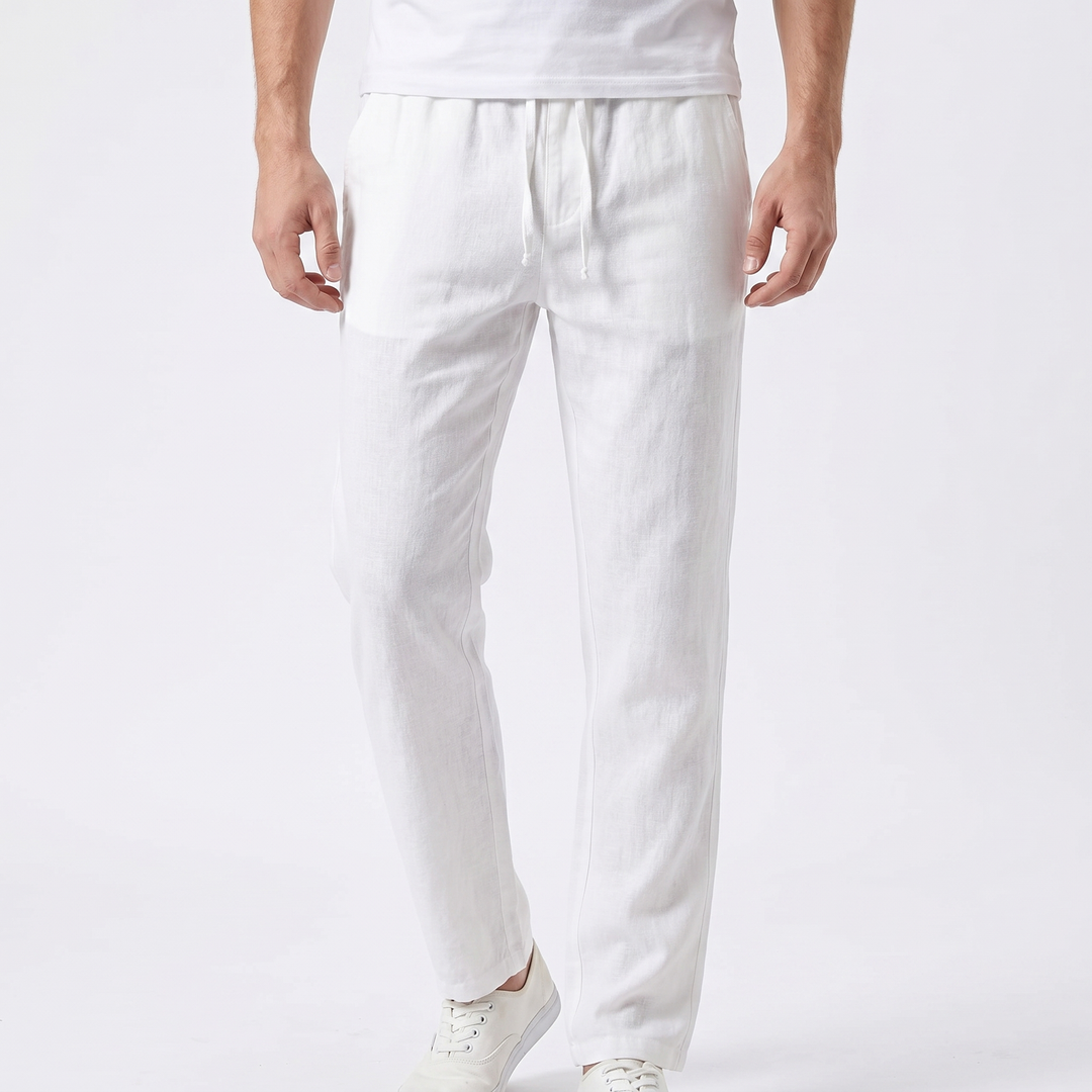 Men's Linen Drawstring Trousers Slim Tapered Fit Elastic Waist Casual Summer