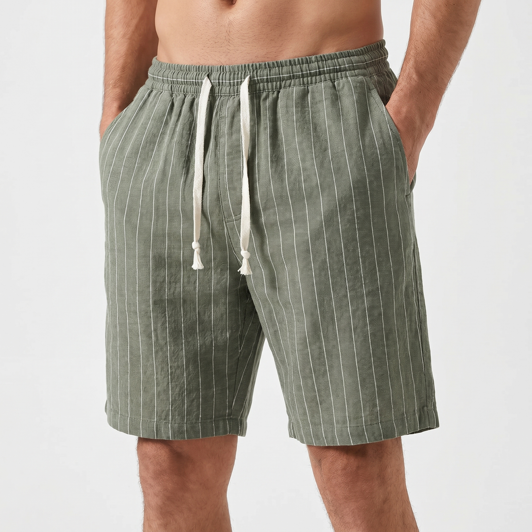 Men's Linen Stripe Shorts Drawstring Elastic Waist Relaxed Fit Casual Beach