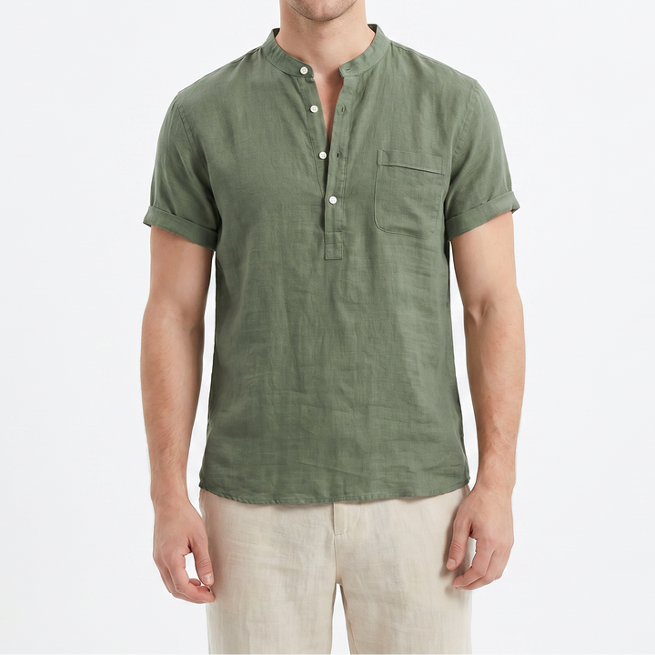 Men's Linen Short Sleeve Henley Shirt Band Collar Chest Pocket Casual Summer