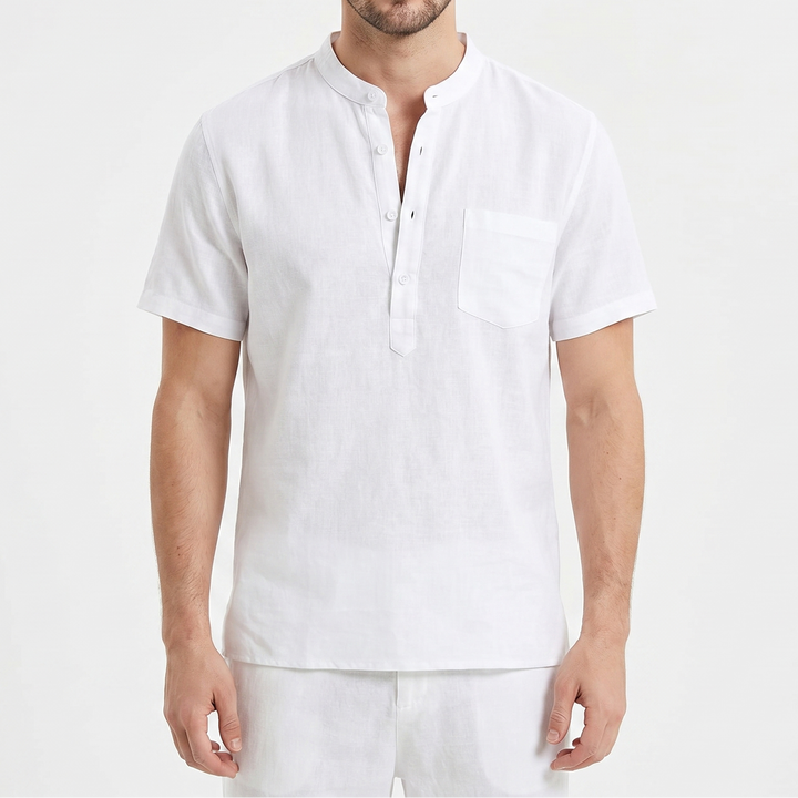 Men's Linen Short Sleeve Henley Shirt Band Collar Chest Pocket Casual Summer