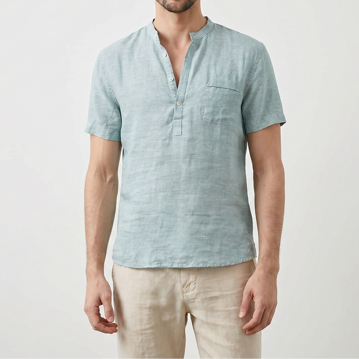 Men's Linen Short Sleeve Henley Shirt Band Collar Chest Pocket Casual Summer