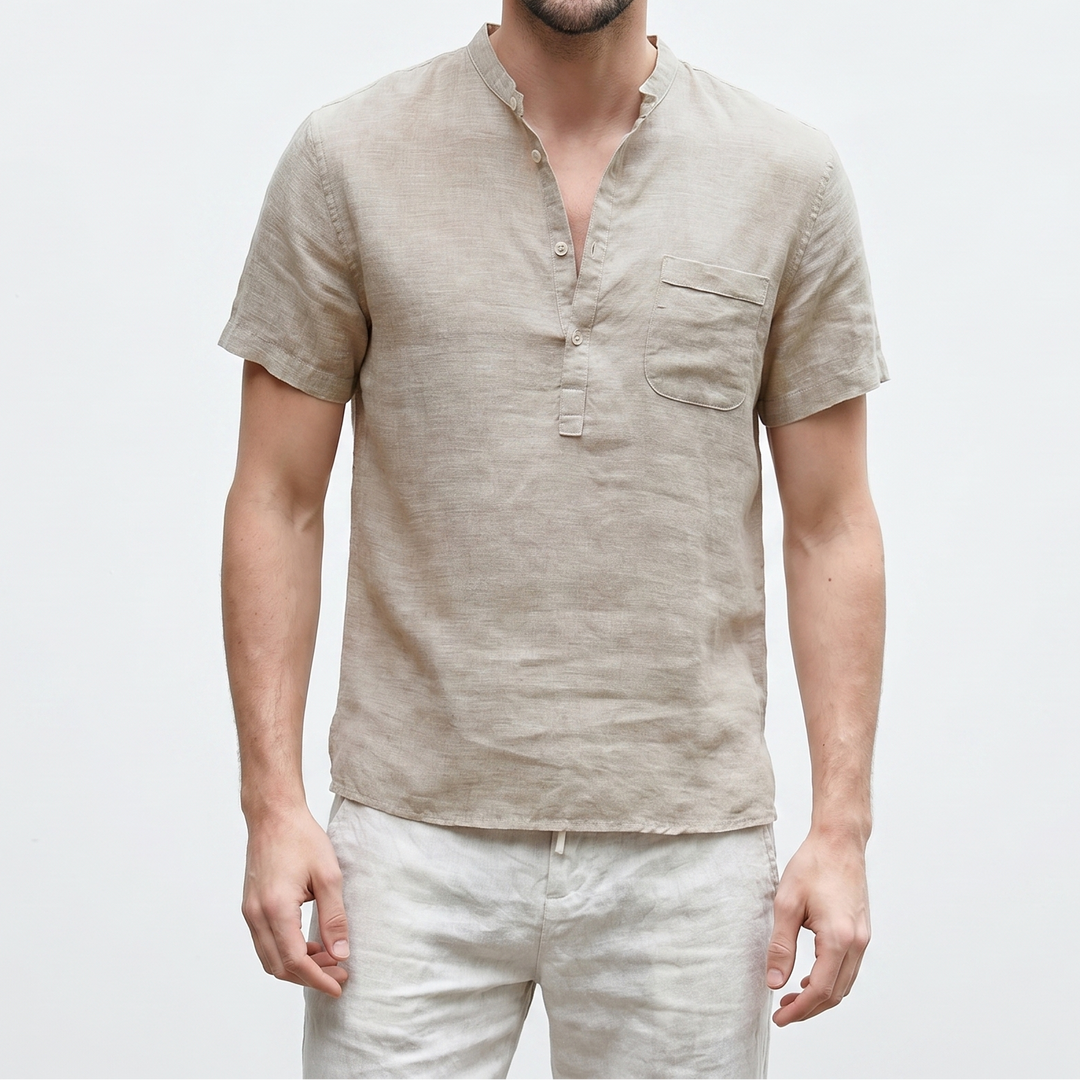 Men's Linen Short Sleeve Henley Shirt Band Collar Chest Pocket Casual Summer