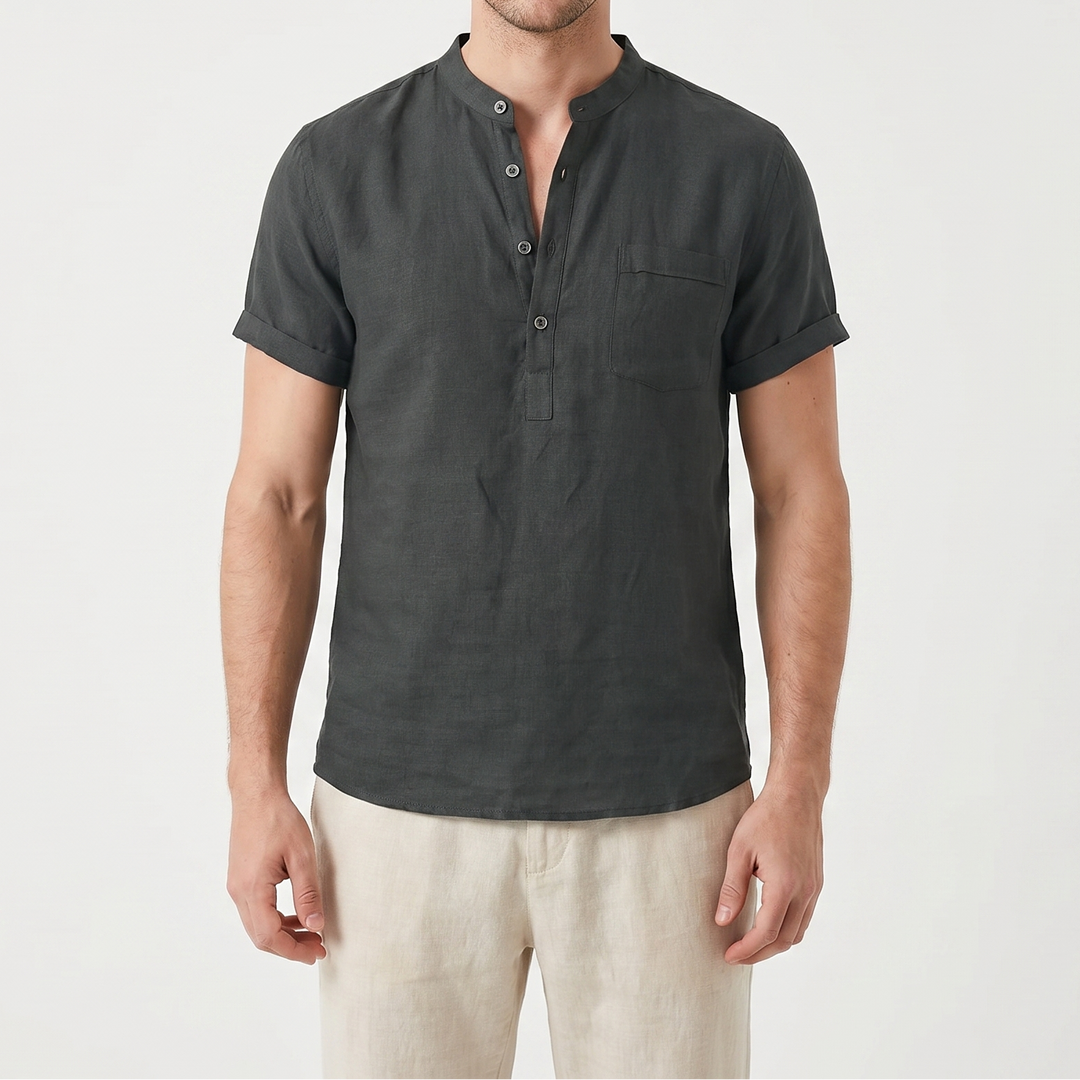 Men's Linen Short Sleeve Henley Shirt Band Collar Chest Pocket Casual Summer