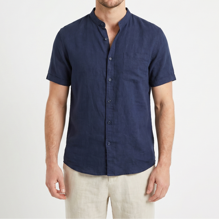Men's Linen Short Sleeve Henley Shirt Band Collar Chest Pocket Casual Summer