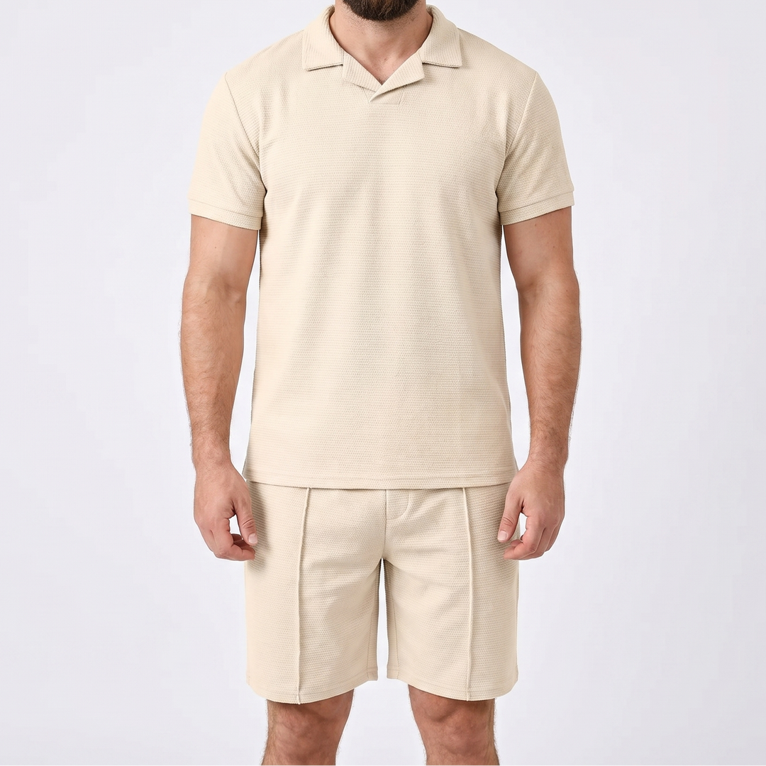 Men's Waffle Knit Two-Piece Set Polo Shirt Shorts Matching Casual Summer
